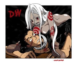 1boy 1girls bodysuit collar deadman_wonderland female long_hair male pale-skinned_female pale_skin red_eyes senji_kiyomasa shiro_(deadman_wonderland) white_hair white_skin wound