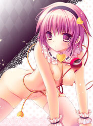 all_fours blush breast_squeeze breasts capelet female hairband heart kino_konomi konominoco looking_at_viewer naked_cape navel nipples pink_legwear purple_eyes purple_hair satori_komeiji short_hair solo thighhighs third_eye touhou wrist_cuffs