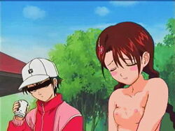 1boy 1girls black_hair blush braided_hair brown_hair censored_eyes closed_eyes clothed_male_nude_female cmnf embarrassed long_hair nipples outdoors outside prince_of_tennis ryoma_echizen sakuno_ryuzaki short_hair small_breasts topless