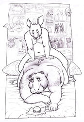 2013 anthro bed burger duo food furniture hippopotamid humanoid_hands kangaroo macropod male male/male mammal marsupial osos overweight overweight_male pillow sex superchub