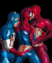 3boys abs anal_fingering ass ass_grab biceps bulge captain_america captain_america_(series) closed_eyes daredevil daredevil_(series) exposed_nipples gay kissing licking male male_nipples male_only marvel mask multiple_boys multiple_males muscles nipple_piercing pecs peter_parker ps shirt_lift smooth_skin spider-man spider-man_(series) steve_rogers tongue undressing xxx-men yaoi