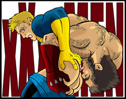 2boys backsack blonde_hair blue_eyes body_hair brown_hair cannonball_(x-men) clenched_teeth closed_eyes cmnm gloves hand_on_ass human james_howlett male male_only marvel multiple_males mutant pants_down questionable_consent rimjob rimming sideburns sweatdrop tagme tongue_fucking tongue_out wolverine_(x-men) x-men xxx-men yaoi