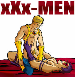 2boys abs anal_penetration anal_sex asian blonde_hair cannonball_(x-men) clenched_teeth closed_eyes cowgirl_position cum_in_ass cum_on_upper_body cum_while_penetrated erect_nipples erection flying_sweatdrops gay gloves hands_on_waist holding_penis interracial male male_only marvel multiple_boys nude orgasm_face pants_down pecs psylocke purple_hair rule_63 sitting_on_penis straight_hair x-men xxx-men yaoi