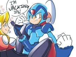 1boy 1girls alia android armor blonde_hair blue_eyes breasts female green_eyes heart male mega_man mega_man_x on_back pun reploid rick x_(mega_man)