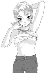 1girls armpits blush contemporary female ilia looking_at_viewer monochrome nipples no_bra pants shirt_lift short_hair small_breasts solo the_legend_of_zelda top_lift twilight_princess unbuttoned yo_mo