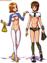 1boy 1femboy 1girls androgynous areola bag balls balls_in_panties ben_10 ben_tennyson blush bracelet breasts bulge cartoon_network cousins crossdressing duo erect_nipples female femboy feminine_male girly green_eyes gwen_tennyson handbag high_heels hourglass_figure lowleg male navel nipples omnitrix otoko_no_ko penis penis_bulge penis_in_panties platform_footwear platform_heels purse revealing_clothes shirt_lift shorts_bulge tekuho testicle_bulge testicles trap watch western_art