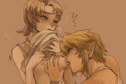 1boy blonde_hair blue_eyes blush female green_eyes ilia licking link link_(twilight_princess) nipple_licking nipples no_bra pointy_ears short_hair small_breasts straight the_legend_of_zelda top_lift twilight_princess yo_mo