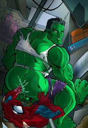 2boys anal_fisting anal_penetration ass_juice backsack black_hair fisting gay green_eyes green_skin hulk hulk_(series) male male_only marvel multiple_males pants_down spider-man spider-man_(series) straight_hair superhero torn_clothing xxx-men yaoi