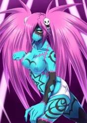 1girls areolae ass bare_shoulders blue_skin breasts code_of_princess hair_over_one_eyes half-closed_eyes lady_zozo long_hair looking_at_viewer nipples panties pink_hair purple_background ring scar skull solo tattoo tied_hair topless twintails very_long_hair yellow_eyes