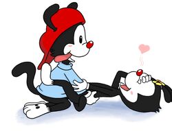 <3 animaniacs black_fur blush bottomless clothes clothing color dot_warner female feral flower fur hat incest male nude red_nose sex shadowlink350 side_view straight tagme wakko_warner white_fur