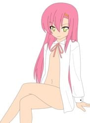 crossed_legs female hayate_no_gotoku! highres hinagiku_katsura katsura_hinagiku legs legs_crossed long_hair no_bra no_panties nude pajamas photoshop pink_hair smile thighs vector_trace yellow_eyes