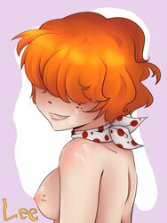 breasts clenched_teeth ed_edd_n_eddy female freckles hair_over_eyes kanker_sisters lee_kanker nipples nude orange_hair short_hair sideboob simple_background smile solo straight_hair xshellah