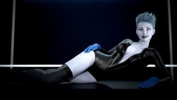 black_legwear blue_eyes blue_hair blue_skin bodysuit dc dc_comics gloves jaxxxer laying_on_side livewire smile stockings villain