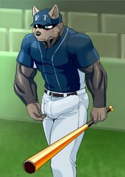 anthro ball_park baseball_(disambiguation) baseball_cap baseball_uniform belt blush bulge canine clothing embarrassed erection erection_under_clothes game_(disambiguation) hat male male_only mammal muscular muscular_male nervous public sweat tsukigata_rossi uniform unwanted_erection wolf