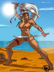 armband beach breasts dark-skinned_female dark_skin facial_mark female fingerless_gloves forehead_mark ganassa gloves headband long_hair navel nipples outdoors ponytail solo sword thigh_strap tied_hair topless weapon white_hair wildc.a.t.s. zealot