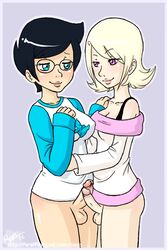 2012 2futas black_hair blonde_hair blue_eyes blush bra_strap breasts clothing dickgirl futa_on_futa futanari glasses grey_background homestuck intersex jane_crocker looking_at_another ms_paint_adventures nipples nipples_visible_through_clothing penis pink_eyes rapps roxy_lalonde short_hair smile white_skin