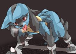 1boy 2016 anthro black_nose bondage bound canine clothing cum cum_on_ground furry kinakomochi_199 lucario male male_only mammal nintendo open_mouth pokemon pokemon_(species) pokemon_dppt simple_background solo spikes suit teeth tongue tongue_out video_games