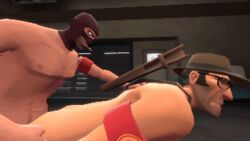 2boys 3d anal_penetration anal_sex animated armbands balaclava black_hair cigarette_in_mouth doggy_style erect_nipples facial_hair fucked_from_behind garry's_mod gay glasses hat human human_male human_only male male_only no_visible_genitalia sniper sniper_(team_fortress_2) spy spy_(team_fortress_2) team_fortress_2 thrusting_into_ass tinted_eyewear wincing yaoi