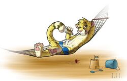 1boy anthro balls cheetah erection feline fur furry green_eyes hammock iztli male male_only mammal penis solo speedo swim_trunks uncensored