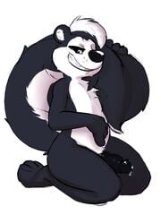 anthro barefoot black_fur fur looney_tunes male male_only mammal nude penis pepe_le_pew seth-iova sitting skunk smile smooth_fur solo tagme tail white_fur