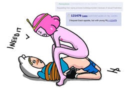 1boy 1girls adventure_time bangs bear_hood black_footwear blush circlet clothed_male_nude_female completely_nude english_text eye_contact female_rapist finn_the_human flat_chest from_side full_body girl_on_top hentaipatriarch male_rape_victim pink_hair pink_skin princess_bubblegum princess_bubblegum_young rape reverse_rape shorts_pull simple_background socks tagme text white_background