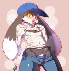 1boy abstract_background anthro blush bulge clothed clothing crossdressing fangs femboy girly hat jeans klonoa long_ears low-riding low_rise male male_anthro male_only necklace nipples open_mouth shaolin_bones slit_pupils solo sweat sweater teeth thong yellow_eyes yellow_sclera