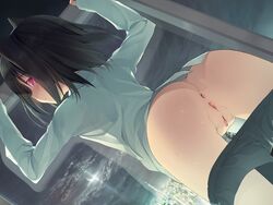 against_glass akinashi_yuu anus ass black_hair blush clothing female from_behind game_cg highres koi_to_senkyo_to_chocolate legs looking_back morishita_michiru no_panties pink_eyes pussy short_hair solo sweat thighs uncensored