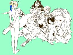 4girls artoria_pendragon breasts fate/stay_night fate/zero fate_(series) gilgamesh harem kettle21 lion multiple_girls nipples nude saber tied