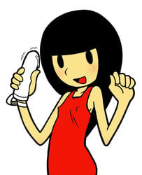 black_eyes black_hair blush breasts clothing dildo dress erect_nipples erect_nipples_under_clothes female girl_(rhythm_heaven_fever) long_hair nintendo nipples nipples_visible_through_clothing open_mouth red_dress rhythm_heaven rhythm_heaven_fever sex_toy vibrator