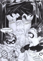 batman batman_(bruce_wayne) batman_(series) blacktortoise bruce_wayne dc dc_comics human jason_todd male male_only monochrome multiple_boys multiple_males robin_(dc) robin_(jason_todd) robin_(tim_drake) teen_titans tim_drake