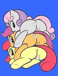 3girls anus apple_bloom_(mlp) blue_background color colored cum cum_in_ass cum_in_pussy cum_inside cutie_mark_crusaders female female_only friendship_is_magic megasweet mlp my_little_pony pussy scootaloo_(mlp) smooth_skin sweetie_belle_(mlp) vagina younger_female zekromlover