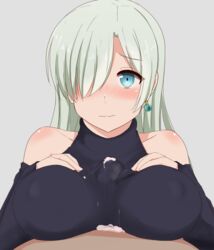 1boy bare_shoulders black_gloves blue_eyes blush bodysuit detached_sleeves earrings elizabeth_liones embarrassed female fingerless_gloves gloves grey_hair hair_over_one_eye highres jewelry long_hair looking_at_viewer male nanatsu_no_taizai nao_(ritsancrossover) paizuri paizuri_under_clothes penis pov simple_background solo_focus straight submissive_pose tagme white_background