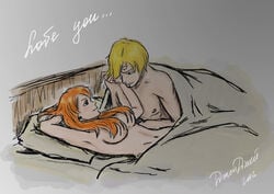 1boy 1girls 2012 after_sex blonde_hair couple covering dated female jayjay_(artist) long_hair looking_at_another love lying_on_bed male nami nami_(one_piece) nude_female nude_male one_piece orange_hair post-timeskip signature straight vinsmoke_sanji wholesome