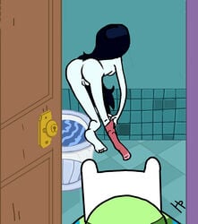 adventure_time ass backpack bag bath bathroom bathtub bent_over blonde_hair butt canonical_scene female finn_the_human hentaipatriarch human male marceline pale_skin peeping_on_marceline pussy red_sock sock socks undressing