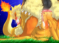 69 arcanine artist_request charizard color fellatio feral fire fur insertion interspecies male male_only multiple_males night nintendo oral outdoors penis pokemon pokemon_(species) tail tail_fire yaoi