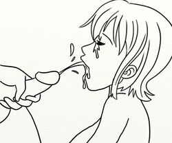 1boy 1girls cum cum_on_face ejaculation eyes_closed facial female jim_sugomi line_art male monochrome nami nude one_piece pre-timeskip short_hair simple_background white_background