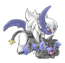 2008 absol blue_fur blush fen furry lowres luxray nintendo no_humans open_mouth pokemon pokemon_(species) pokemon_dppt pokemon_rse rape red_eyes white_background white_fur