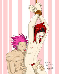 2boys abs armpits arms_up ass ass_grab blindfold blush bound_wrists closed_eyes erect erection gay lance licking male male_only nipples nude open_mouth penis pink_hair pokemon puberty pubic_hair red_hair saliva scar short_hair silver_(pokemon) sitting standing sweat testicles text tongue tongue_out yaoi