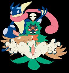 2boys animal anus beak big_penis bird black_background decidueye feet frog game_freak genital greninja hands kivwolf long_tongue male male_only nintendo pokemon pokemon_(species) pokemon_sm presenting tagme talons tongue webbed_feet webbed_hands