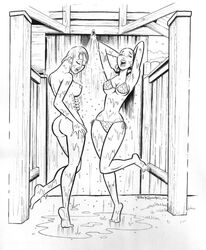 archie_comics ass barefoot betty_and_veronica betty_cooper bikini casual_nudity duo female female_only human line_art monochrome nude shower standing tagme veronica_lodge washing washing_self water wet