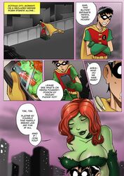 1boy 1girls 2d age_difference badmanbastich batman_(series) comic dc dc_comics english_text erection female green-skinned_female green_skin imminent_sex jason_todd male older_female paizuri pamela_isley phone poison_ivy robin_(dc) robin_(jason_todd) speech_bubble text text_bubble younger_male