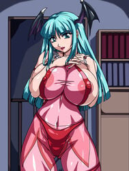 1girls celluloid-acme chiba_toshirou clothing darkstalkers erect_nipples erect_nipples_under_clothes female female_only large_breasts morrigan_aensland panties see-through see-through_clothing solo succubus tagme