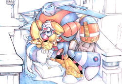 2boys anal big_feet big_hands blushing capcom closed_eyes colored duo duo_(mega_man) gay half-closed_eyes holding_hands holding_head king king_(mega_man) kissing larger_male male_only mega_man mega_man_8 robot_master rockman_&_forte smaller_male sony-shock throne traditional_media_(artwork) video_games yaoi