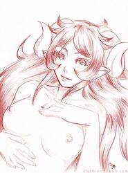 1girls aradia_megido breasts evy homestuck horns long_hair looking_at_viewer monochrome ms_paint_adventures nipples pointy_ears solo troll white_background white_hair white_skin