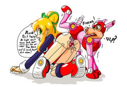 1girls all_fours android ass bestiality blonde_hair bottomless cleaning clothed clothed_sex clothing cum doggy_style dress female green_eyes hair_ribbon jim_sugomi knot knot_dragging knotting mega_man mega_man(classic) no_panties partially_clothed penis ponytail pussy robot robot_girl robot_joints roll rush_(mega_man) sex shaved shirt solo straight tied_hair zoophilia