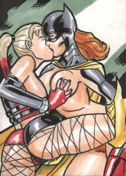 2girls ass barbara_gordon batgirl batman_(series) blonde_hair breasts dat_ass dc female female_only harley_quinn human multiple_females multiple_girls nipples red_hair rhaydar yuri