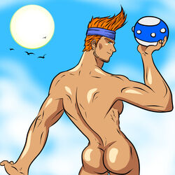 1boy ass back back_view bandana blitzball bubble_ass bubble_butt facial_hair final_fantasy final_fantasy_x green_eyes human human_only looking_at_viewer looking_back male male_focus male_only muscular muscular_male naked nude nude_male orange_hair outdoors outside profile short_hair smile solo solo_focus sun toned toned_body toned_male wakka