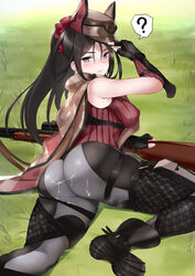 ? adjusting_clothes adjusting_hat ass black_gloves black_hair black_legwear blush boots breasts clothing cum cum_on_ass erect_nipples erect_nipples_under_clothes female fingerless_gloves gloves grass gun hair_between_eyes hand_on_headwear hat highres jirusu kai_schulen large_breasts long_hair looking_at_viewer looking_back lying military military_uniform on_stomach ponytail purple_eyes ribbed_sweater rifle scrunchie skin_tight smile solo spoken_question_mark sweater turtleneck turtleneck_sweater uniform valkyria_chronicles valkyria_chronicles_4 weapon