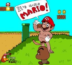 1boy 1monster animated artist_logo brown_hair cap face_slapping gif gloves goomba grass hanekugkam long_penis low_quality male_nipples mario mario_(series) mustache nintendo nude penis_slap pointing_at_self pubic_hair retracted_foreskin slightly_chubby speech_balloon super_mario_bros. tusks what