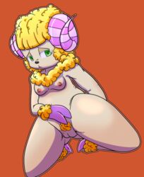 2015 aku_no_novi animal_crossing anthro breasts caprine cervine female fur hooves horn mammal nintendo nipples plain_background pussy sheep solo spread_legs spreading video_games willow_(animal_crossing) yellow_wool